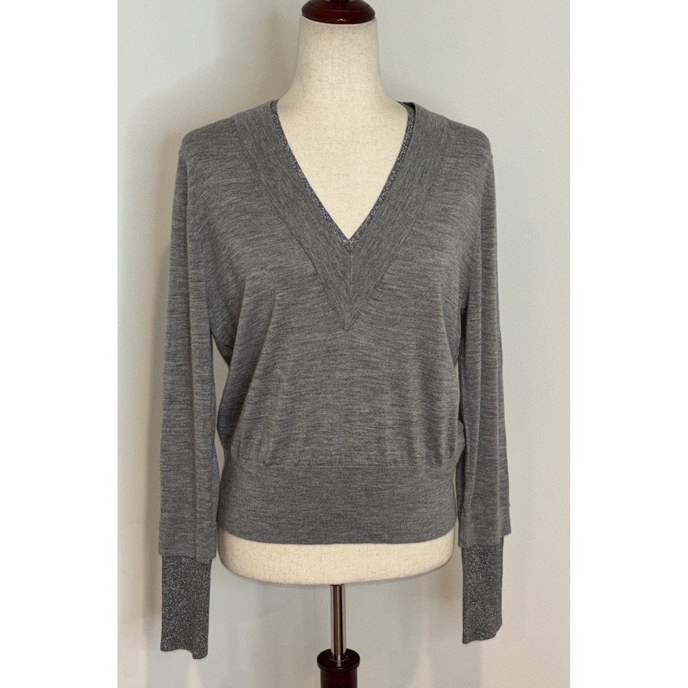 VERONICA BEARD TATIANA Grey Metallic Trim Wool Blend V Neck Sweater Women's M
